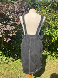 Image 3 of Upcycled Dungaree Dress with White Stencil Sayagata Pocket Design.