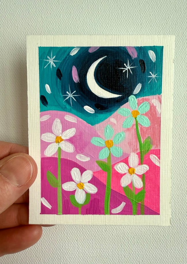 Five little flowers fell in love with the moon. Original mini painting.