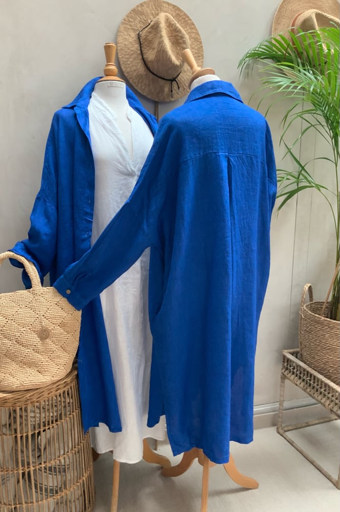 Image of Robe chemisier en lin HéRA Bleu Mykonos