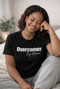 Image 2 of Overcomer By Grace Christian T-Shirt for Women | Faith-Based Motivational Shirt
