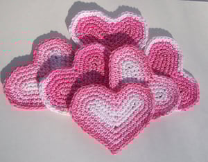 Image of Crocheted Primitive Heart Shaped Pink and White Crocheted Coasters Mug Mats