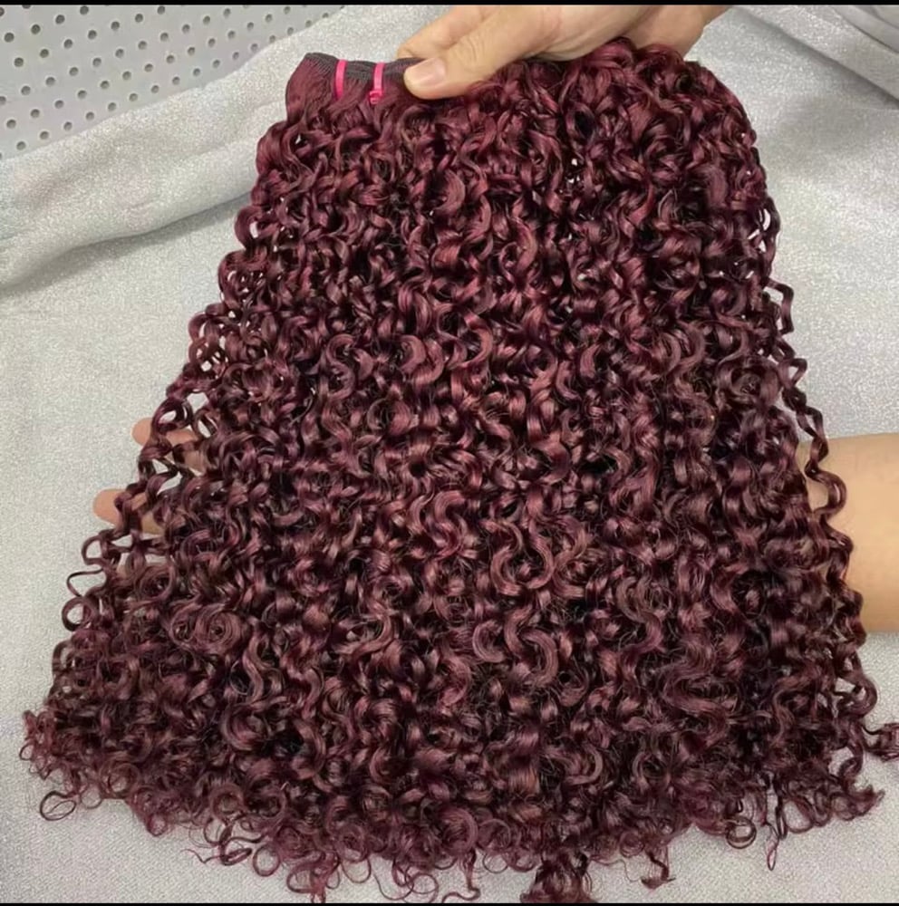 Image of Pixie Curl Super Double Drawn Hair Bundles Virgin Brazilian CuticleAligned color 99J burgundy 