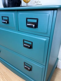 Image 3 of Stag Minstrel Chest of Drawers  / Large Bedside Cabinet painted in dark green with cup handles for 