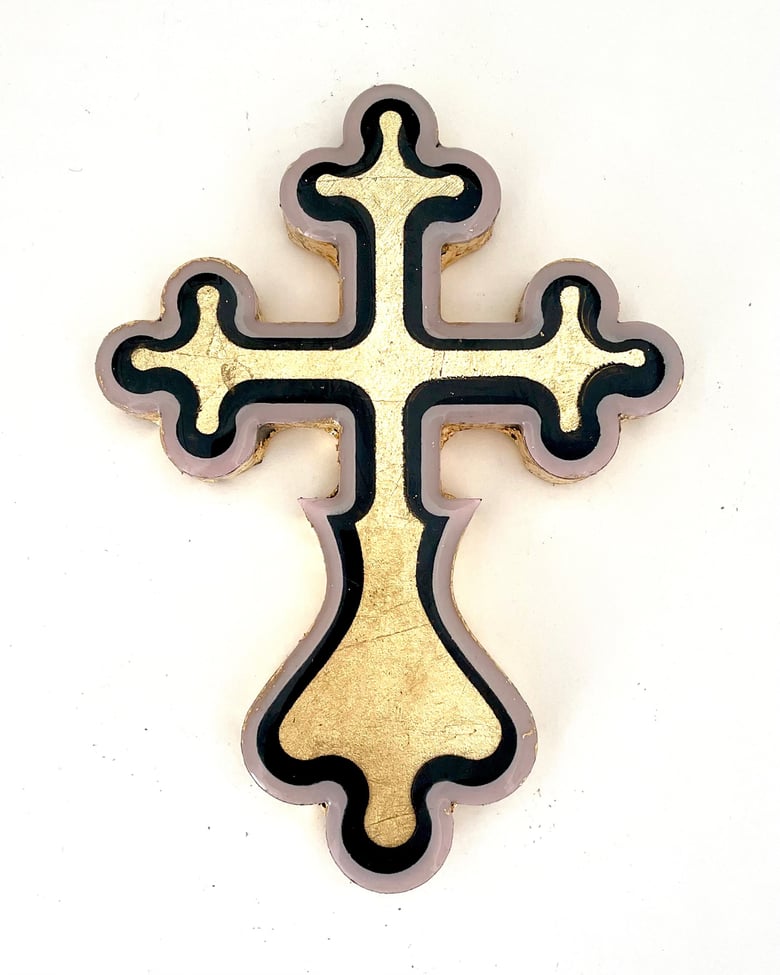 Image of Floral Cross Small Black/Dusty Pink/Gold leaf 