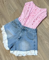 Image 2 of Frill hem denim shorts 