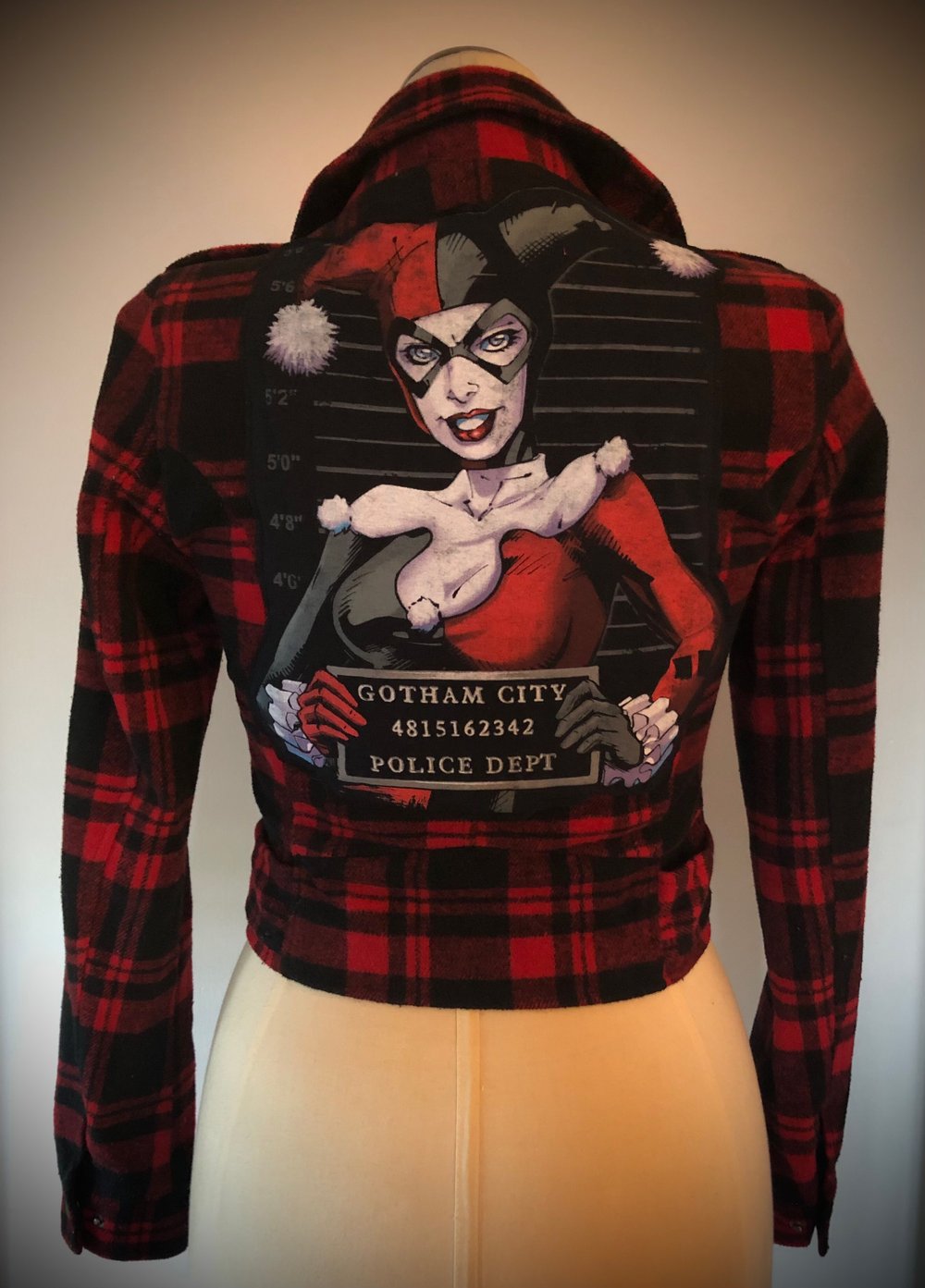 Upcycled “Harley Quinn” flannel Motorcycle jacket