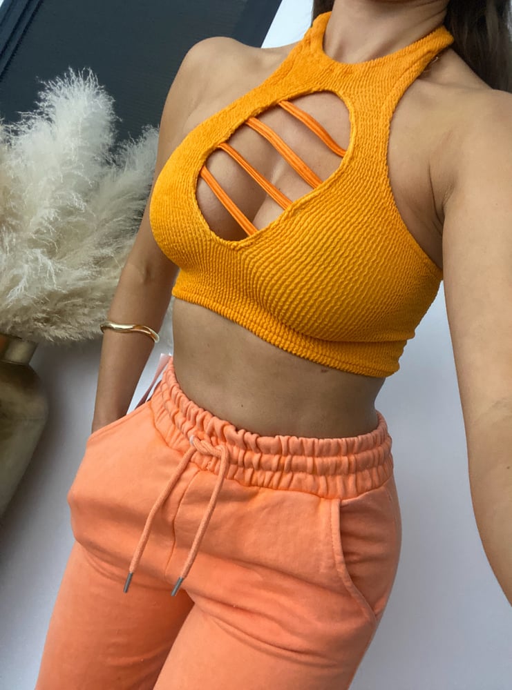 Image of Caged Crop Top In Burnt Orange Crinkle