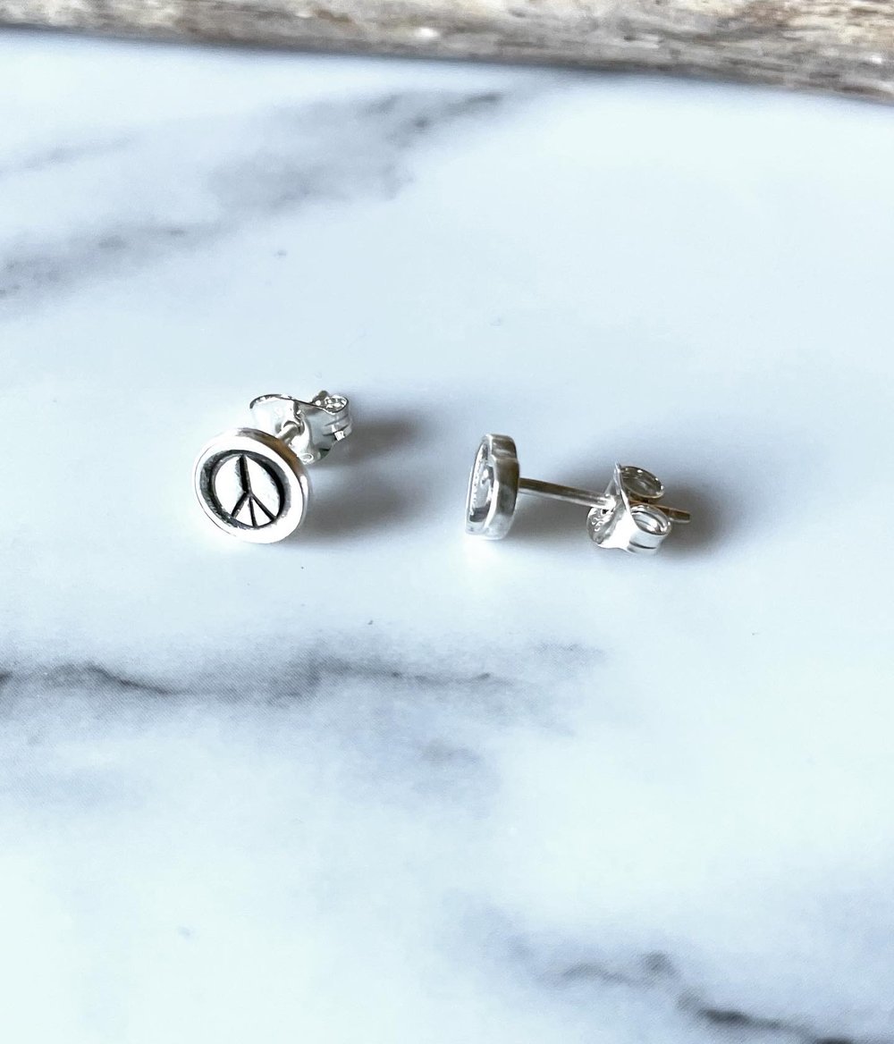 Handmade Mismatched Peace And Love Heart Sterling Silver Stud Earrings 925