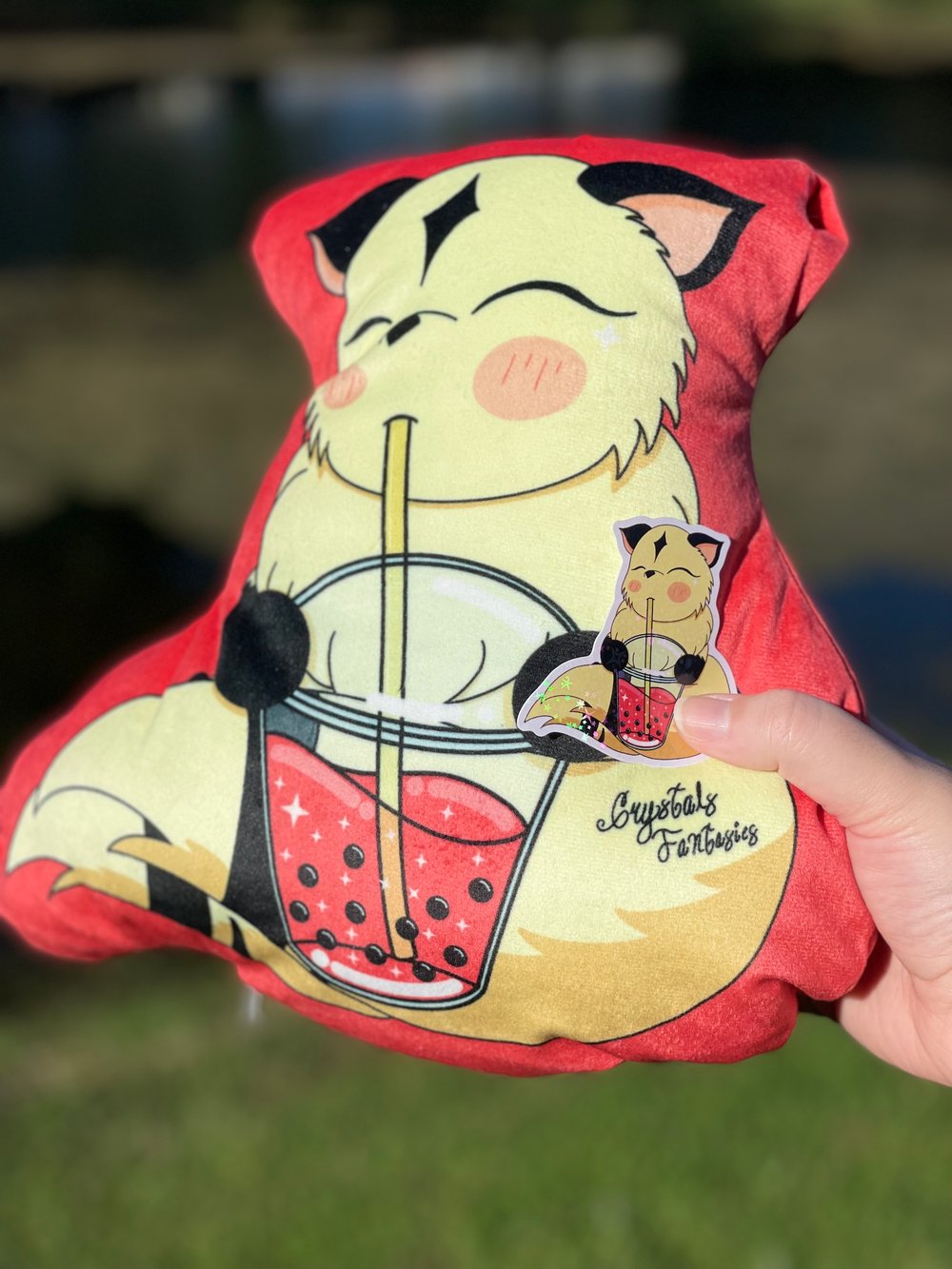 Image of Two Tailed Majestic Kitty Drinking Boba Plush Pillow & Acrylic Keychain