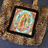  shoulder bag in leopard fabric with Virgin of Guadalupe patch and black or gold fringing Image 13