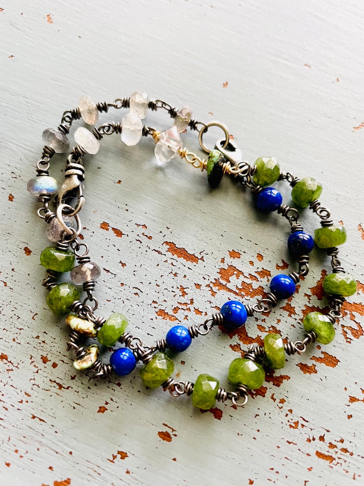 Image of labradorite, turquoise and lapis bracelet