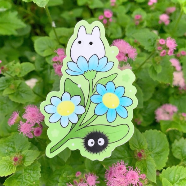 Image of MATTE White Totoro & Blue Asters STICKER