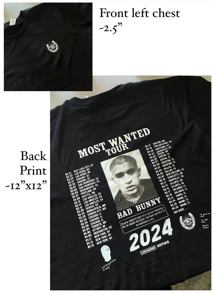 Image of MOST WANTED TOUR T - SHIRT BACK FULL DESIGN AND SMALL POCKET LEFT CHEST 