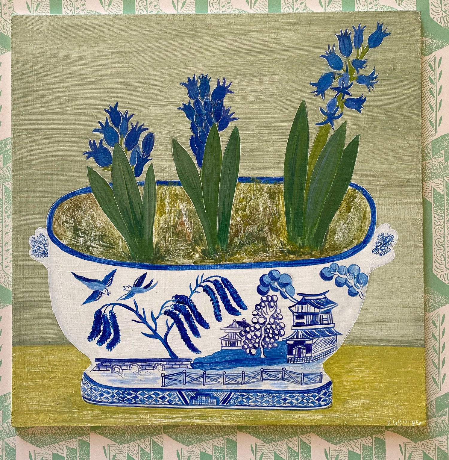 Image of Willow pattern pot of hyacinths 