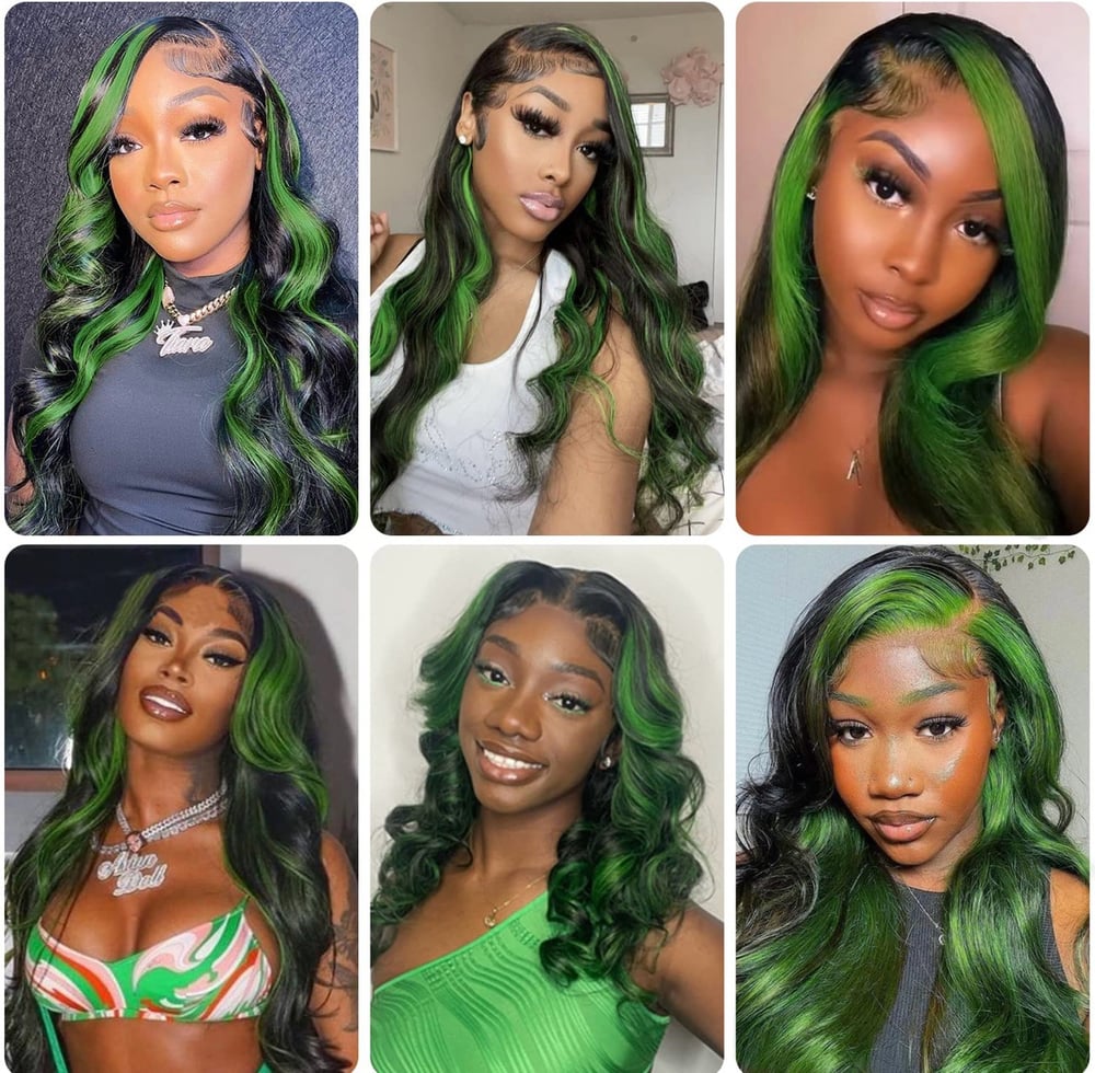 Image of Glueless 180 density Black and Green Highlight Wig Human Hair 13x4 Body Wave Frontal Wig