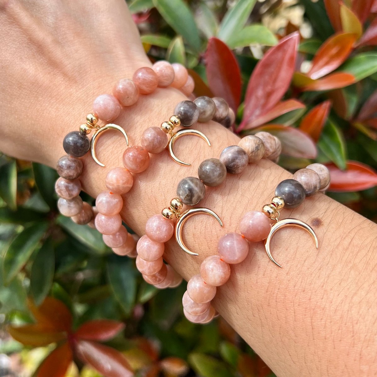 Peach & Black Moonstone Bracelet (moon charm)