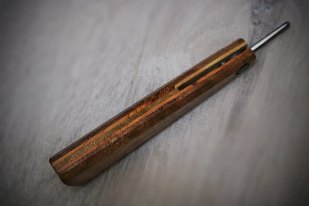 Image of 70mm folding slöjd with elm, yew and laburnum handle