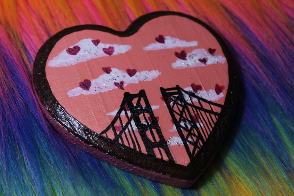 Image of Golden Gate & Bay Bridge Pink Wood Heart 