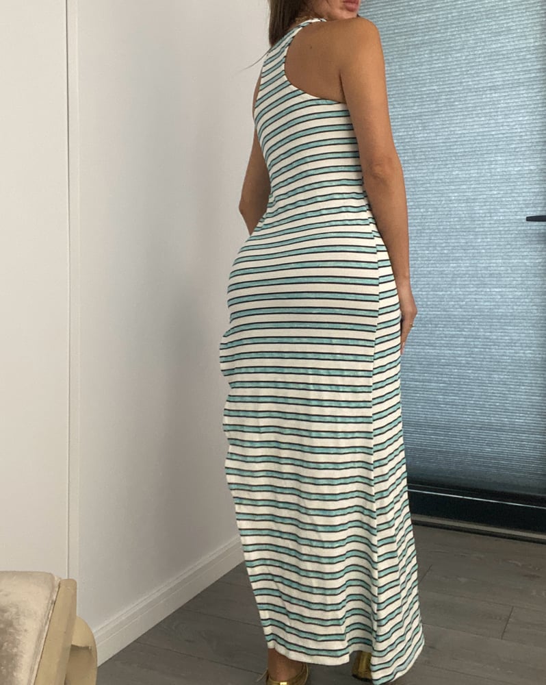 Image of Racer Asymmetric Split Stripe Knit Maxi Dress 