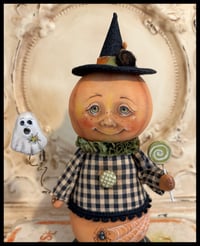 Image 2 of Folk art Witch Pumpkin Halloween character with ghost