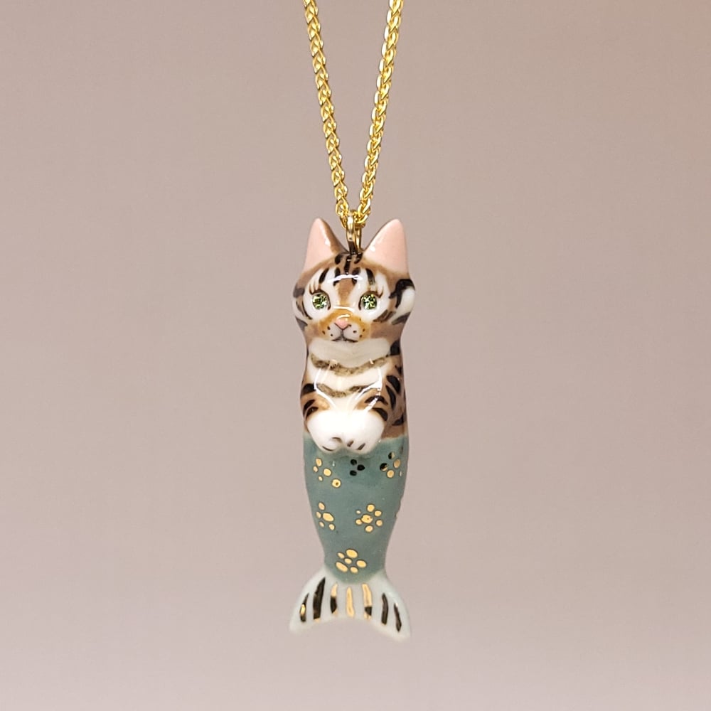 Image of Brown Tabby Purrmaid Porcelain & Gold Vermeil Pendant