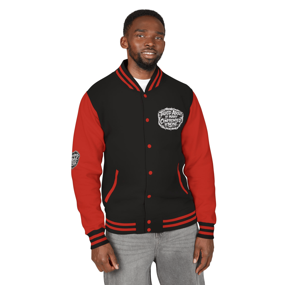 Image of Unisex Unbothered Letterman Jacket – Retro Varsity Bomber with 'Unbothered' Graffiti Design