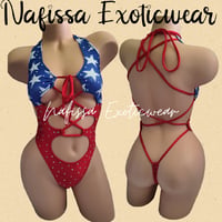 Image 8 of Backless Crystal Bodysuit Red White and Blue 