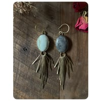 Image 2 of Mismatched Green and Grey Agate Solid Brass Fringe Earrings 