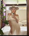 early 70s lightweight gauze off shoulder dress with floral detail 