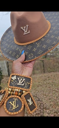 Image 2 of Camel w/ Brown classic Fedora Hat & 4 Stack Bracelets