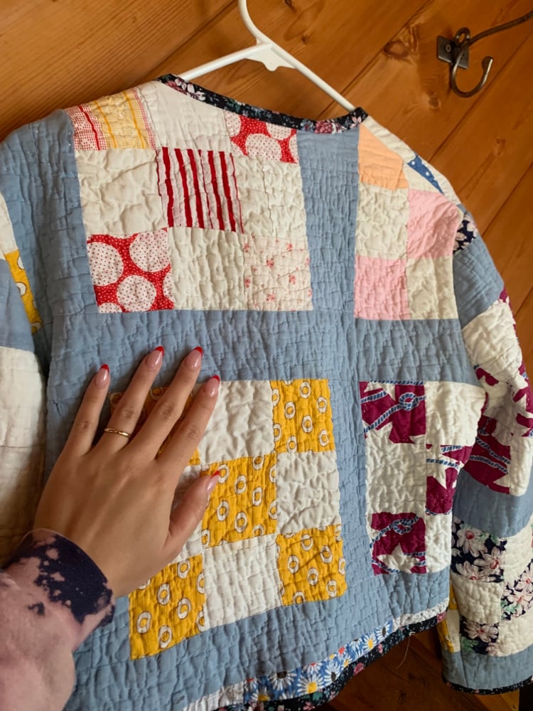 Image of Quilt Collared Cropped Coat — Slate Patchwork