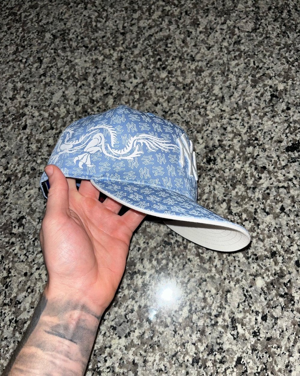 Image of SKY BLUE NY ALL OVER NY YANKEES CUSTOM FITTED CAP