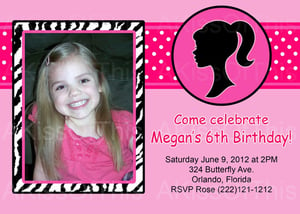 Image of Barbie Zebra Print Birthday Invitation - Printable Invite