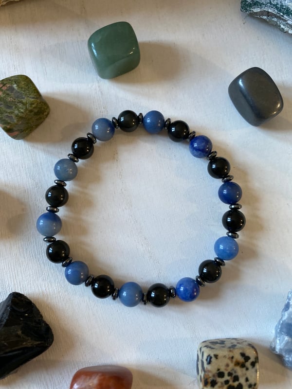 Image of 8mm Blue Aventurine & Tourmaline Bracelet with Hematite