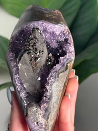 Image 9 of AMETHYST ON A CUSTOM STAND WITH A PERFECT SUGAR COATED CALCITE POINT -URUGUAY-