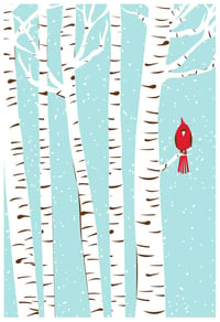 Image 1 of Winter Cardinal Silkscreen Birch & Snow Art Print