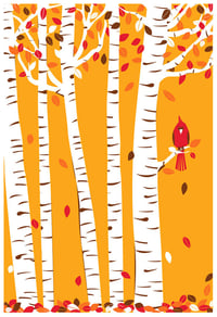 Image 1 of Autumn Cardinal Silkscreen Birch Tree & Fall Leaves Art Print