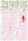 Summer Cardinal Silkscreen Birch Trees Art Print