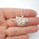 Silver and Gold Flower Bird Pendant