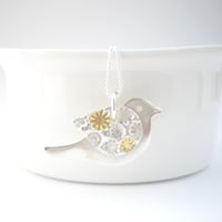 Image 4 of Silver and Gold Flower Bird Pendant