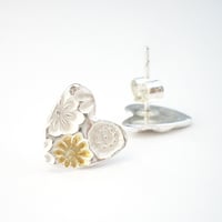 Image 1 of Silver and Gold Flower Heart Earrings