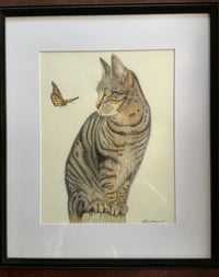 Image 1 of "The Watcher", Large Tabby Cat with Butterfly Framed Original 