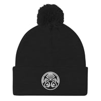 Pom-Pom Black Beanie white Embroidered Logo