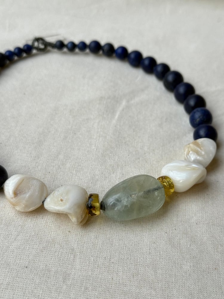 Image of Macrame choker lapis lazuli, shell, amber, and fluorite.