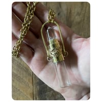 Image 2 of Rollerball Glass Vial Necklace - Clear Quartz Tower Floral Detail and Solid Brass 