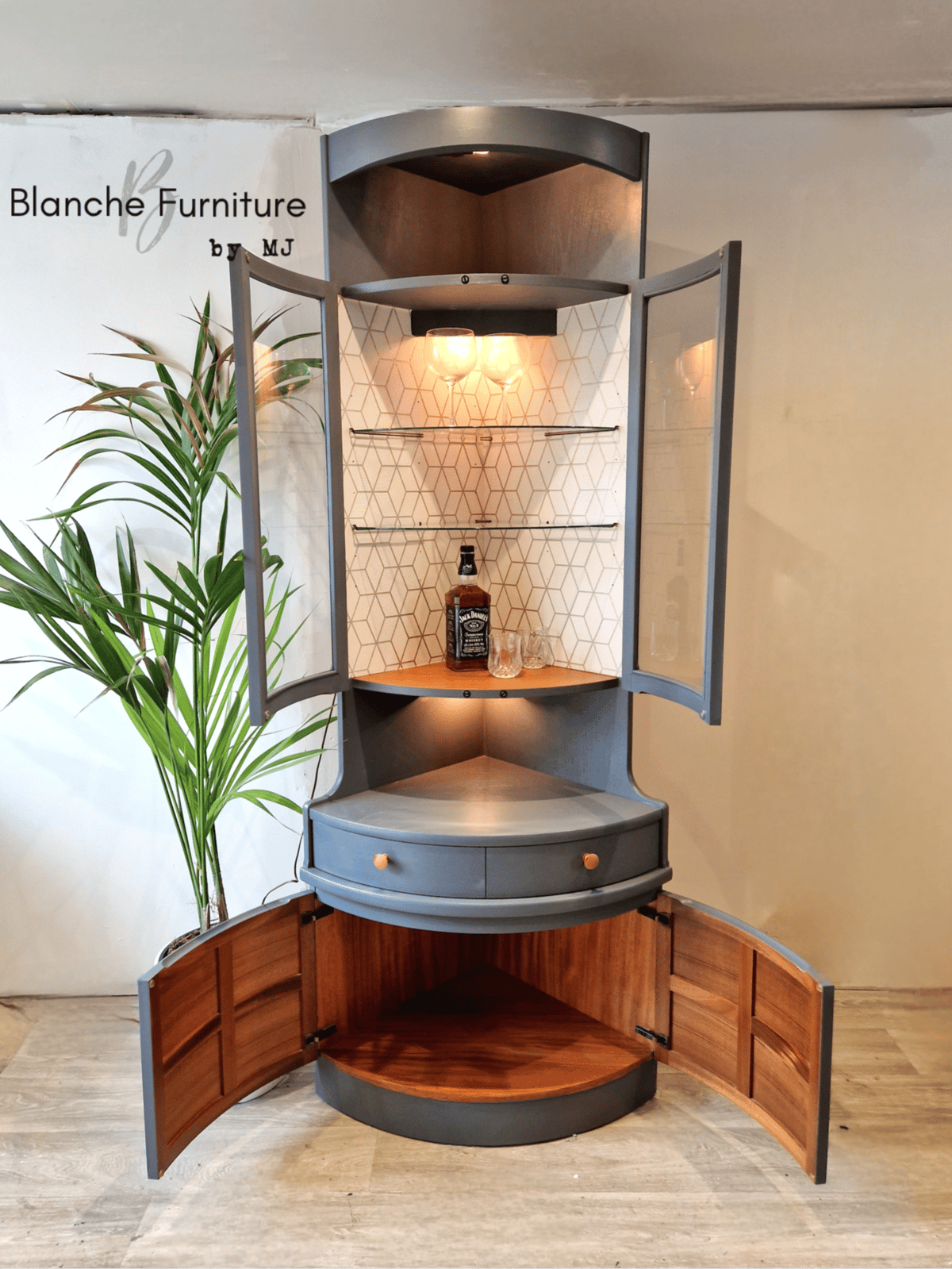 Image of Nathan Corner Drinks Cabinet unit with light - Soapstone with geometric lining