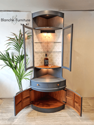 Image of Nathan Corner Drinks Cabinet unit with light - Soapstone with geometric lining
