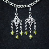 Image 1 of Chainmail diamond earrings with triple green glass stars