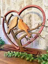 Image 3 of Wooden Bird Sculpture-Lovebirds in a heart 