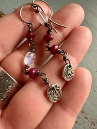 Image 2 of ruby and rainbow moonstone dangle earrings with sterling silver medallions